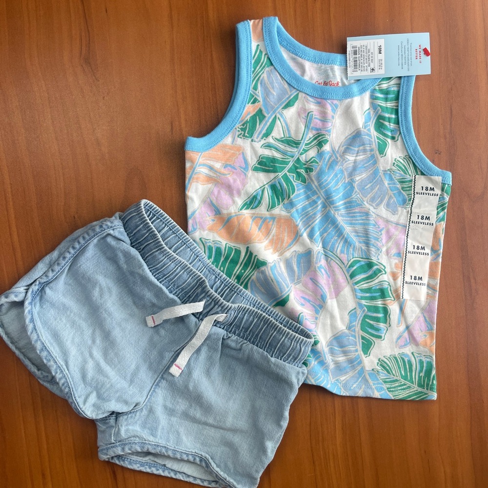 Cat & Jack 18M Tropical Palm Tank Top and Denim Shorts 2pc Outfit Set NWT
